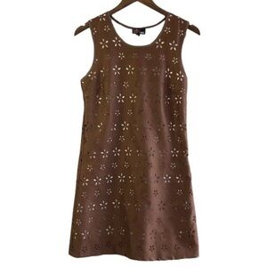 Yumi Vintage Suede Bohemian Boho Floral Cut Out Tank Mini Dress Brown
